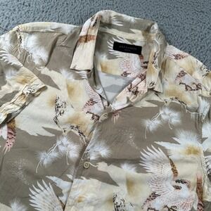AllSaints Mens Medium SS Button Down Shirt Beige Crane Bird Print‎ Casual